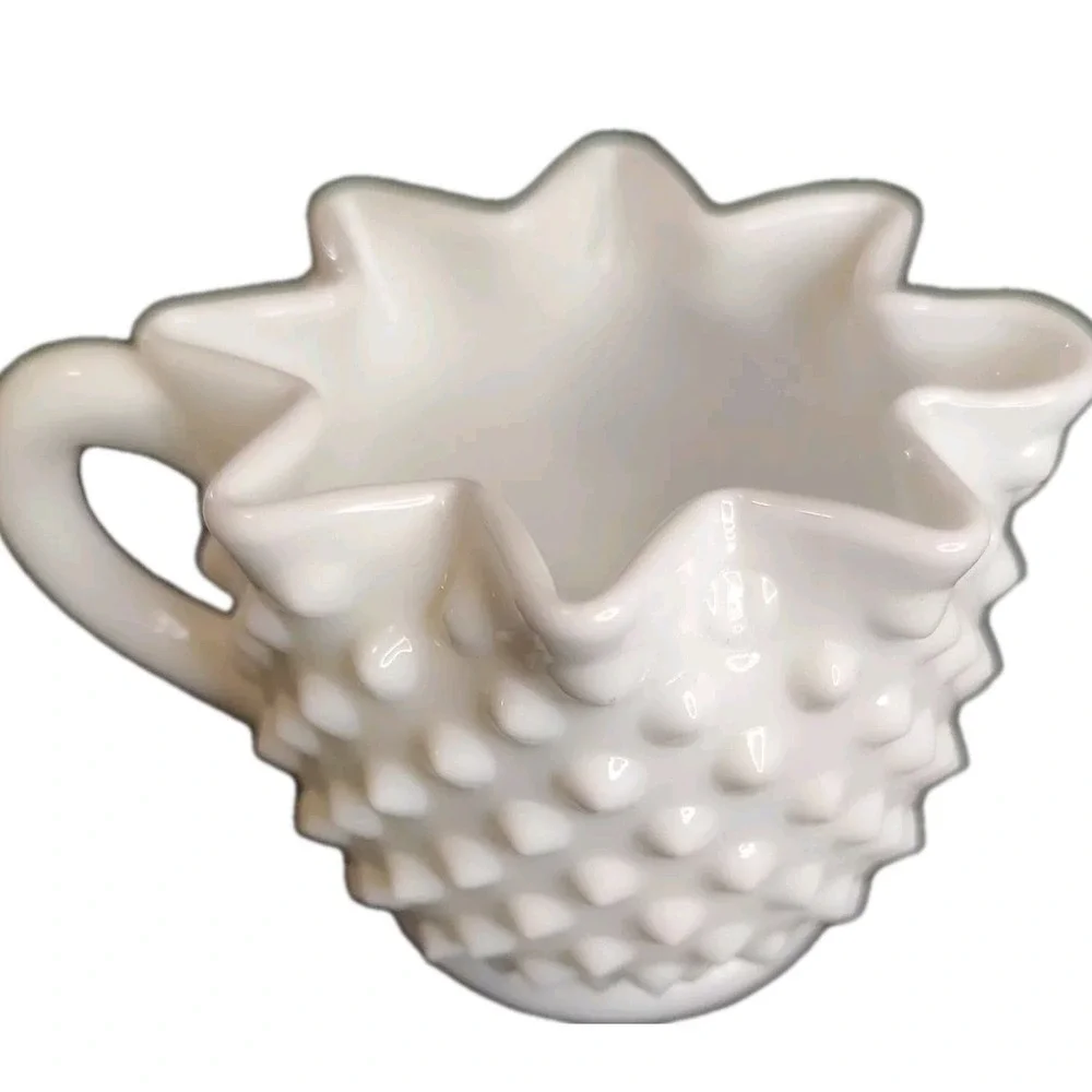 Vintage Fenton Creamer Art‎ Hobnail Milk Glass with Ruffled Edge Cottage Core